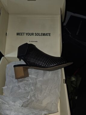 Adams Black Perforated Block Heel Mule with Wood-Tone Heel